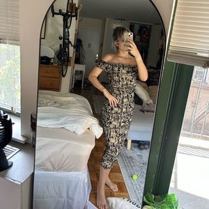 Black and tan print midi dress